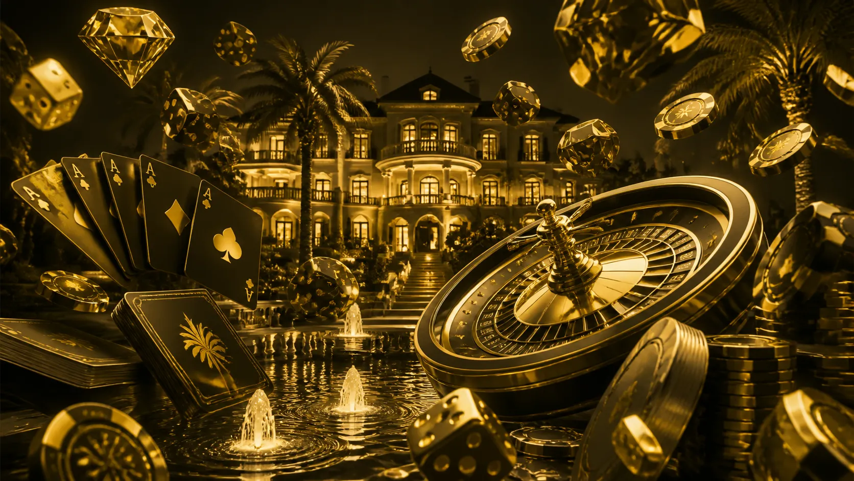 Cinematic image of floating poker chips and dice in neon lighting for Villaspin, embodying luxury and excitement.